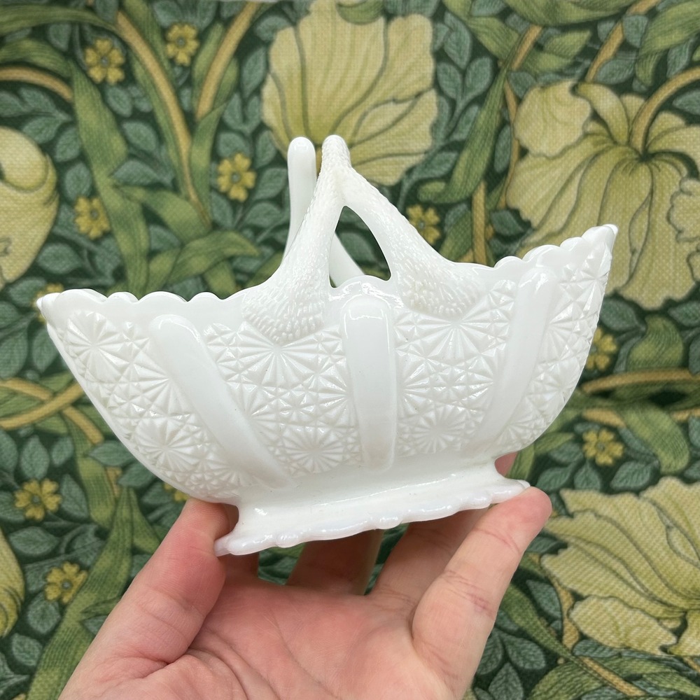 Vintage Fenton White Milk Glass Daisy & Button Split Twig Handle Basket Mini